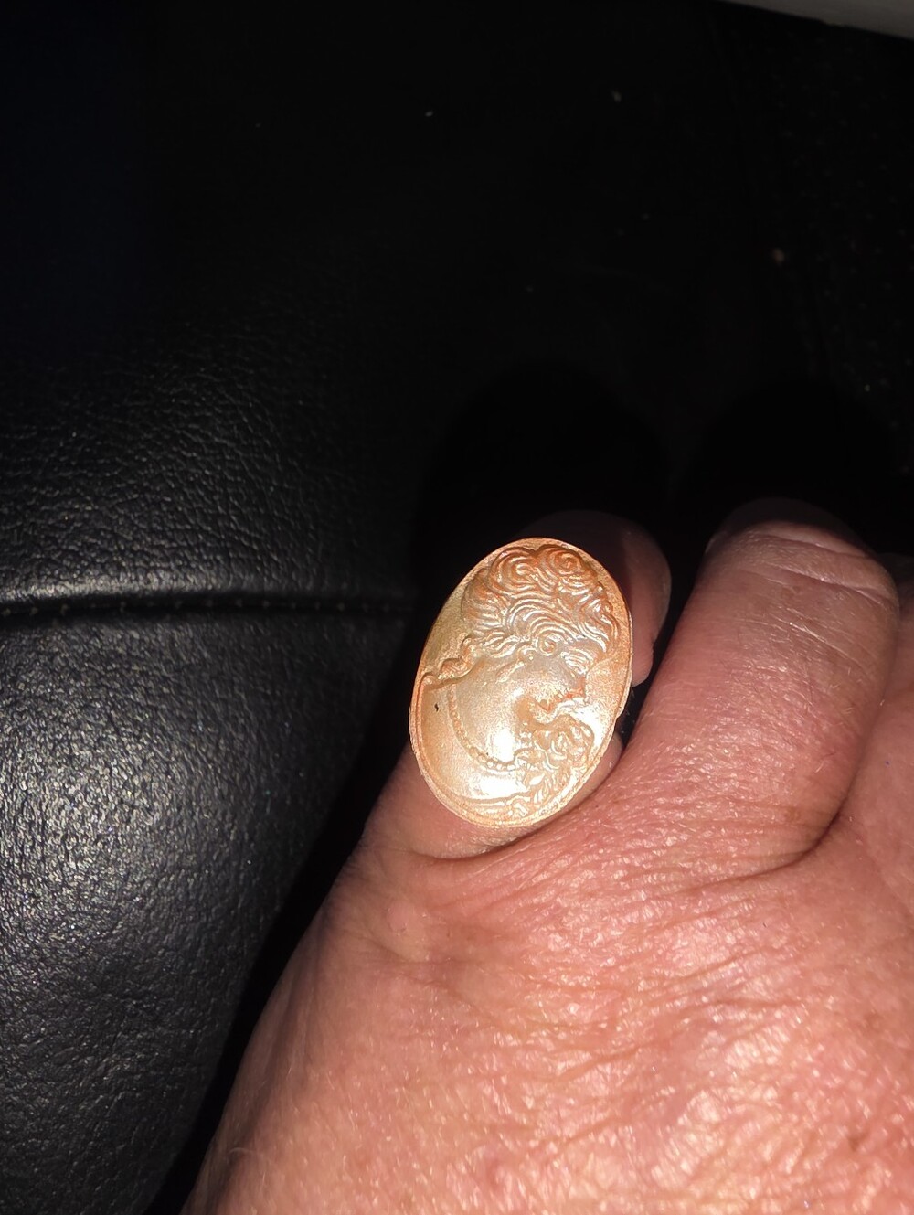 Orange Cameo Ring On Adhustable Metal Frame, Classic Ladies Head